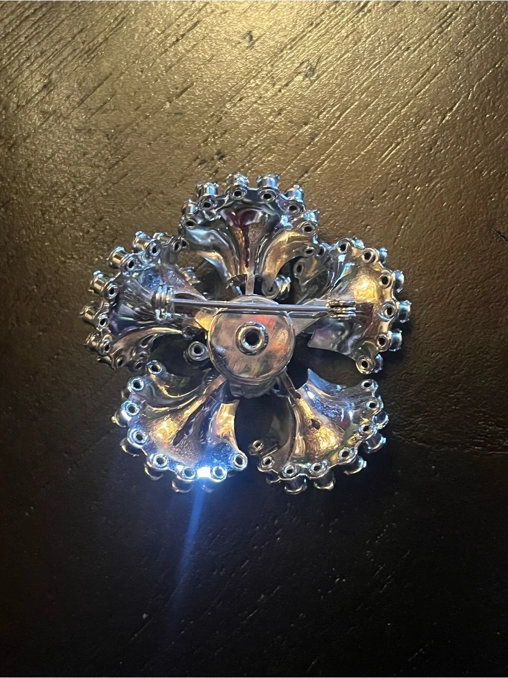 Vintage Silver Tone Crystal Flower Brooch